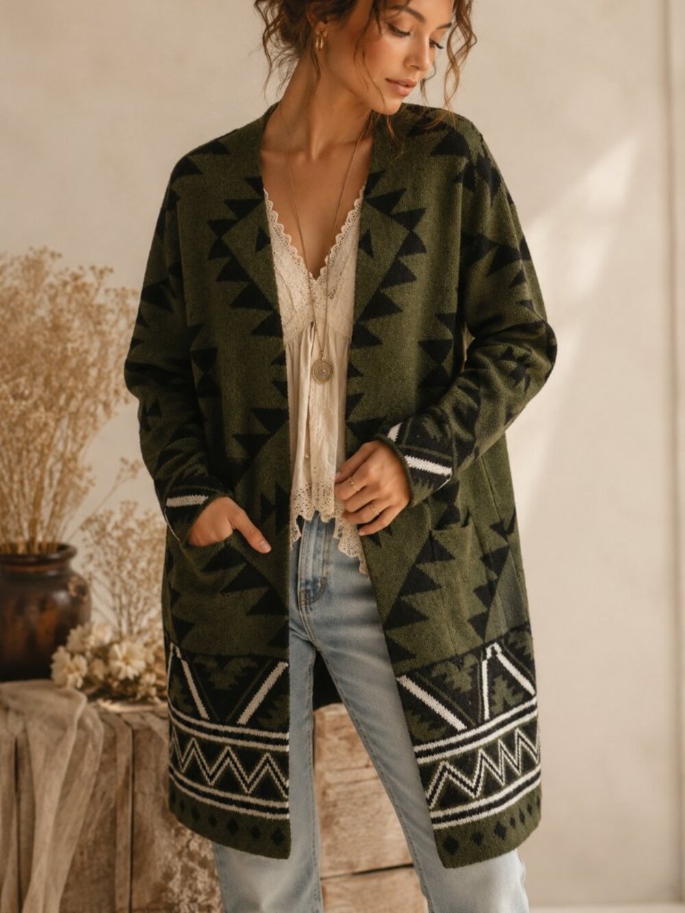 Frye Aztec Southwestern Cardigan L Olive Open Front Shawl Longline Boho